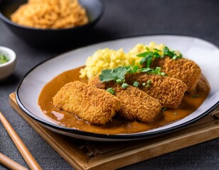 Vegan Katsu Curry deconstructed, Breaded tofu cutlets served with a rich