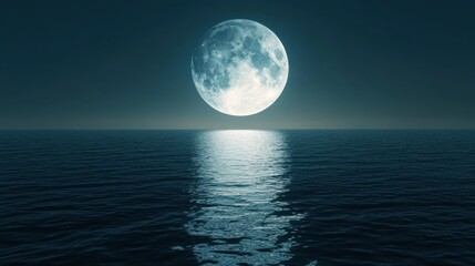 A serene view of a full moon reflecting on calm ocean waters under a dark sky.