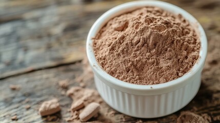Chocolate Protein Powder in a White Ceramic Dish