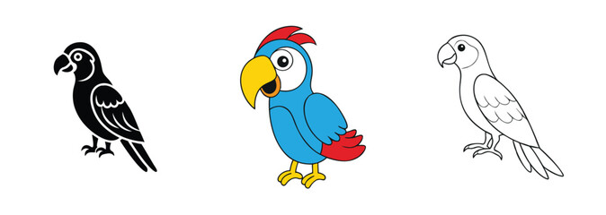 Colorful Parrot Illustrations Black, Blue, Outline Designs