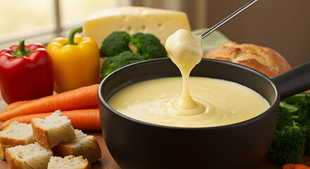 Decadent cheese fondue delight with assorted dippers for a gourmet experience