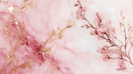 This is an abstract dusty rose blush liquid watercolor background with gold, floral decoration elements. In this illustration, there are pastel pink marble alcohol ink lines, and branches with golden