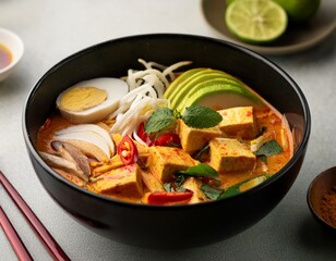 Vegan Laksa deconstructed, A spicy Malaysian noodle soup with coconut