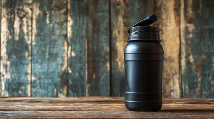 Black Protein Shaker Bottle with Scoop on Wooden Surface