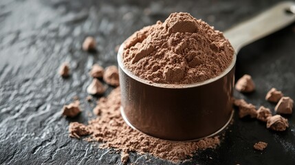 Scoop of Chocolate Protein Powder on a Black Surface