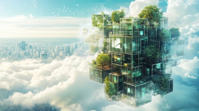 Cutting-edge progress in digital cube architecture: merging technology and information, cloud insights with connectivity design, green computing, and ethical IT sustainability. illustration