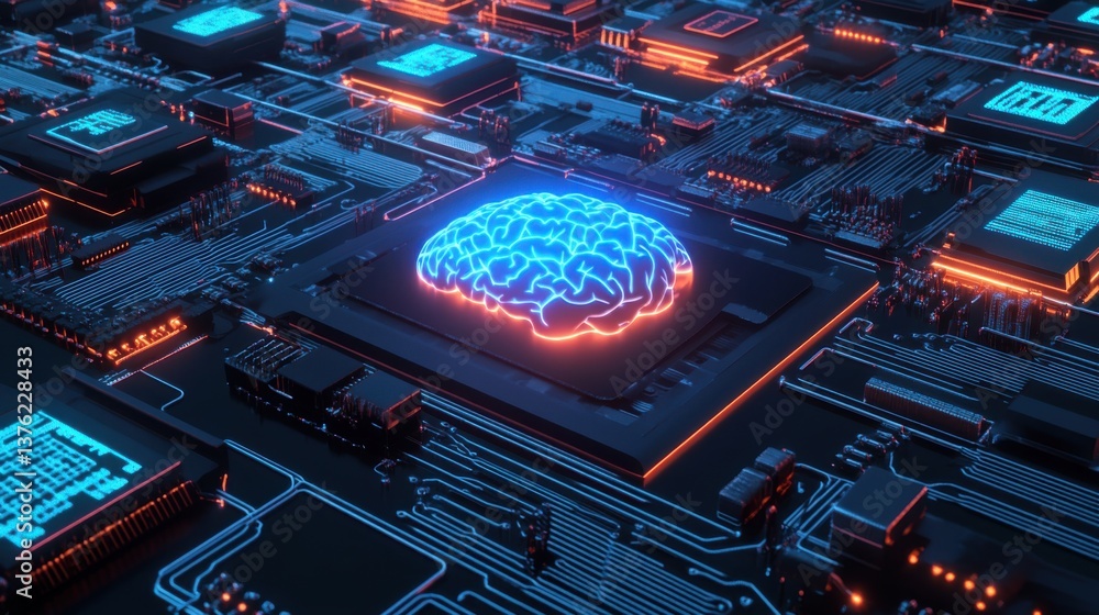 Poster a detailed digital representation of a brain on a circuit board, symbolizing artificial intelligence