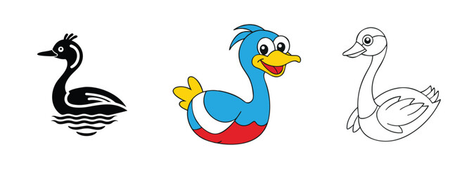 Cartoon Duck Illustrations Black, Color, Outline, Waterfowl
