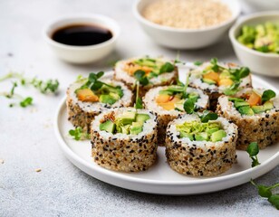 Vegan sushi rolls with quinoa, vegetables and soy-nut sauce on a white