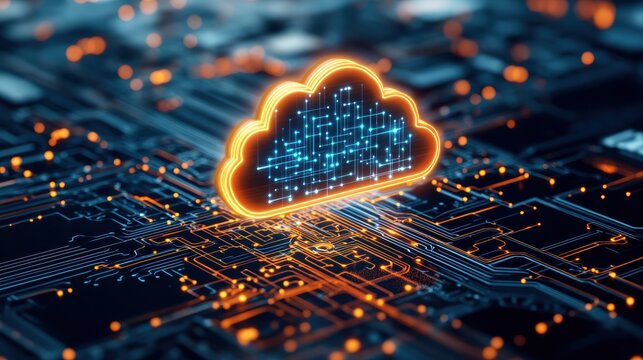 A glowing orange cloud-shaped icon with blue circuitry illuminating above a complex dark circuit board representing advanced cloud computing infrastructure