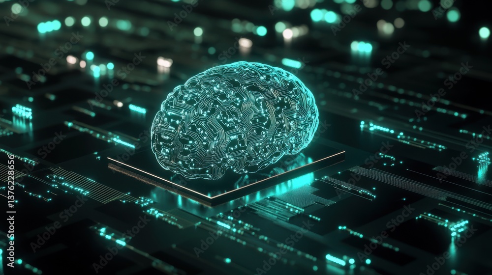 Poster a digital brain model displayed on a circuit board, symbolizing the fusion of technology and neurosc