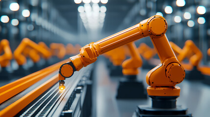 A robotic arm is working in a modern industrial setting, surrounded by multiple other robotic arms, showcasing automation and manufacturing technology.