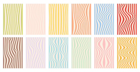 Set of groovy retro 70s backgrounds. Psychedelic pattern lines, swirl, twirl  waves.  Y2k aesthetic. Social media stories template, web banner.