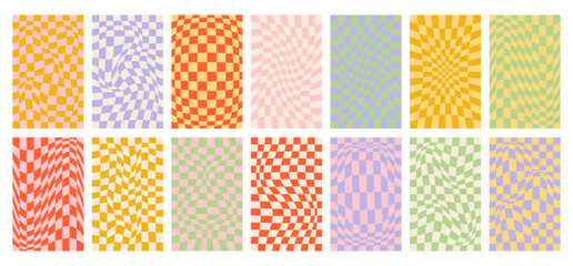Set of groovy retro 70s backgrounds. Groovy wave psychedelic checkerboard background.  Y2k aesthetic. Social media stories template, web banner.