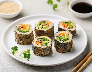 Vegan sushi rolls with quinoa, vegetables and soy-nut sauce on a white