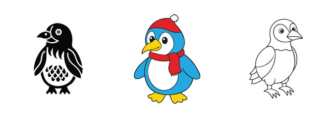 Penguin Illustrations Black, Blue, and Outline Winter Birds