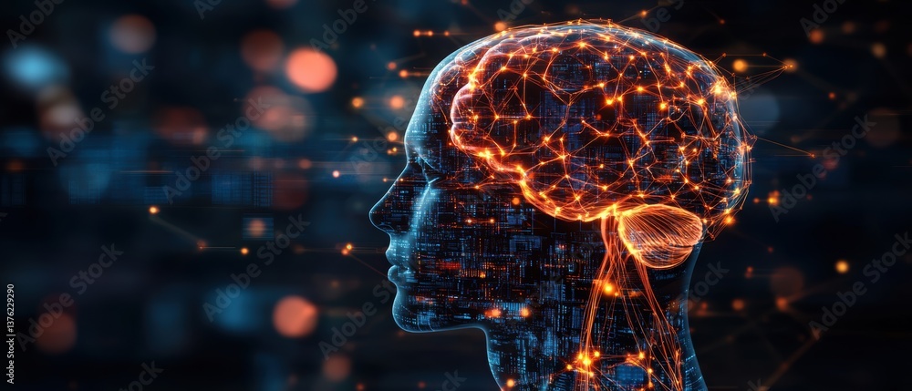 Poster stylized digital rende of a human head and brain with glowing orange neural pathways and circuitry i