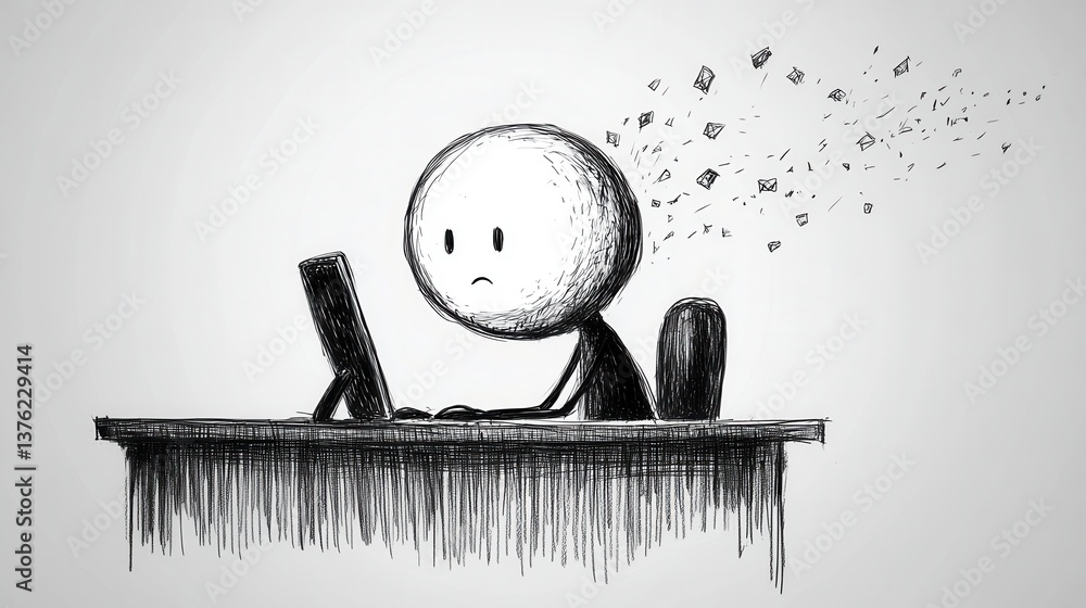 Poster a simple doodle shows a character at a computer, looking sad, with fragments dispersing from its hea