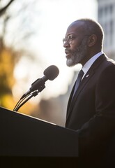 Serious Speaker Addressing Conference with Intense Expression, Discussing Academic and Social Topics, Official Announcement at Podium