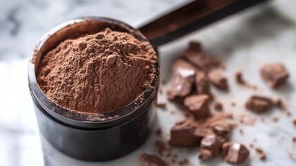 Chocolate Protein Powder in Scoop on Marble Counter