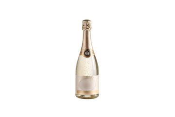Clear champagne bottle with fine bubbles, luxurious gold foil, and decorative label. Evokes celebration, success, weddings, isolated on a transparent background