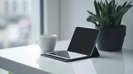 Minimalistic workspace setup with a tablet and coffee cup on a white desk