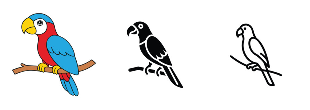 Colorful Parrot Illustrations Cartoon, Silhouette, Line Art