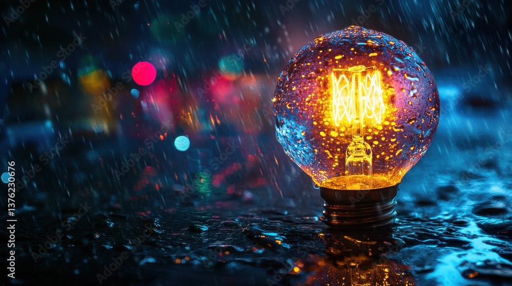 Poster close-up of a glowing light bulb with water droplets on its surface, creating a reflective effect on