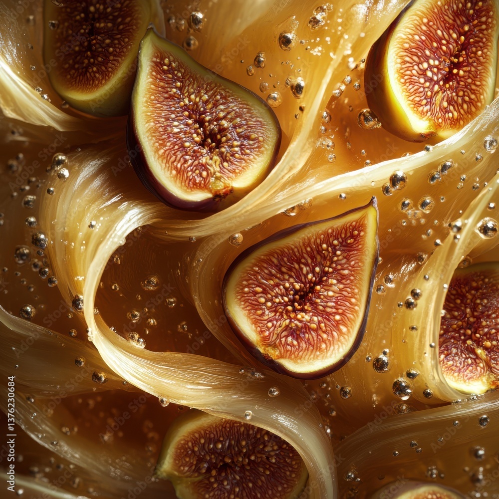 Poster a close-up view of fresh figs surrounded by delicate strands and bubbles, creating an intriguing and