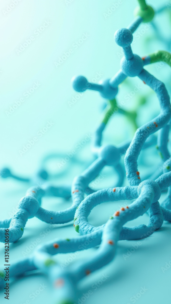 Poster close-up microscopic view of a glp-1 molecule structure on blue background.