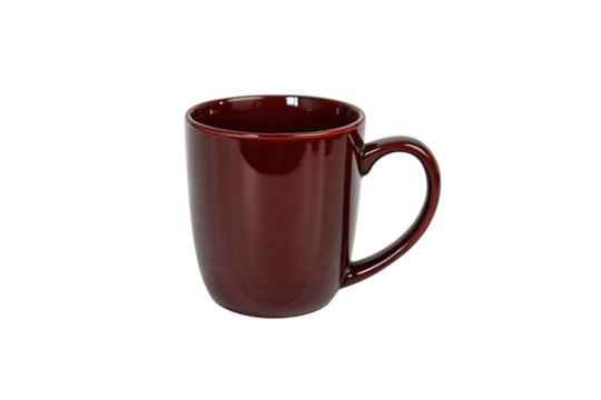 A maroon mug has a clean, reflective finish. Its curved form and handle bring a warm, minimal touch to any coffee break, isolated on a transparent background