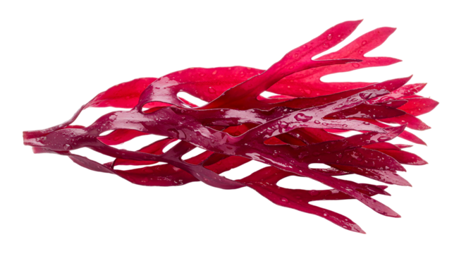 Close up shot showcasing vibrant red seaweed with water droplets against a black background in studio shot