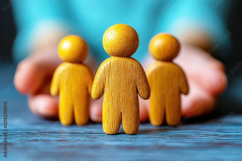 Poster wooden figurines representing teamwork and support with hands in background symbolizing collaboratio