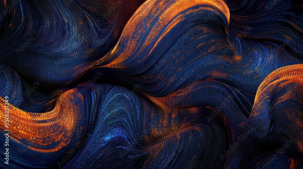 Poster a vibrant visualization of digital data streams, showcasing blue and orange patterns against a dark 