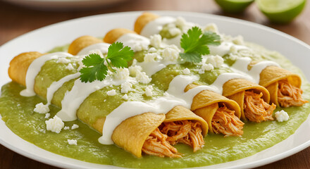 Delicious enchiladas suizas bathed in vibrant green sauce and creamy topping