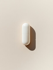 single white capsule pill casts shadow on beige background, creating minimalist and clean aesthetic