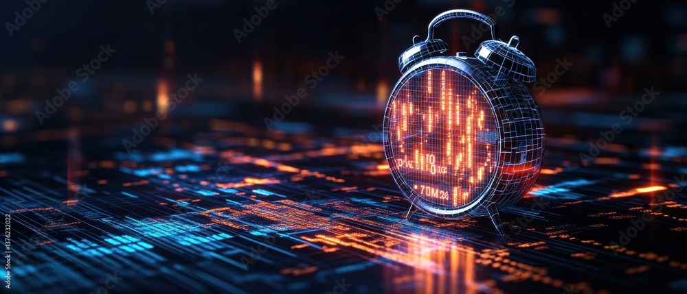 Poster a futuristic wireframe alarm clock with an orange digital display placed on a glowing circuit-board-