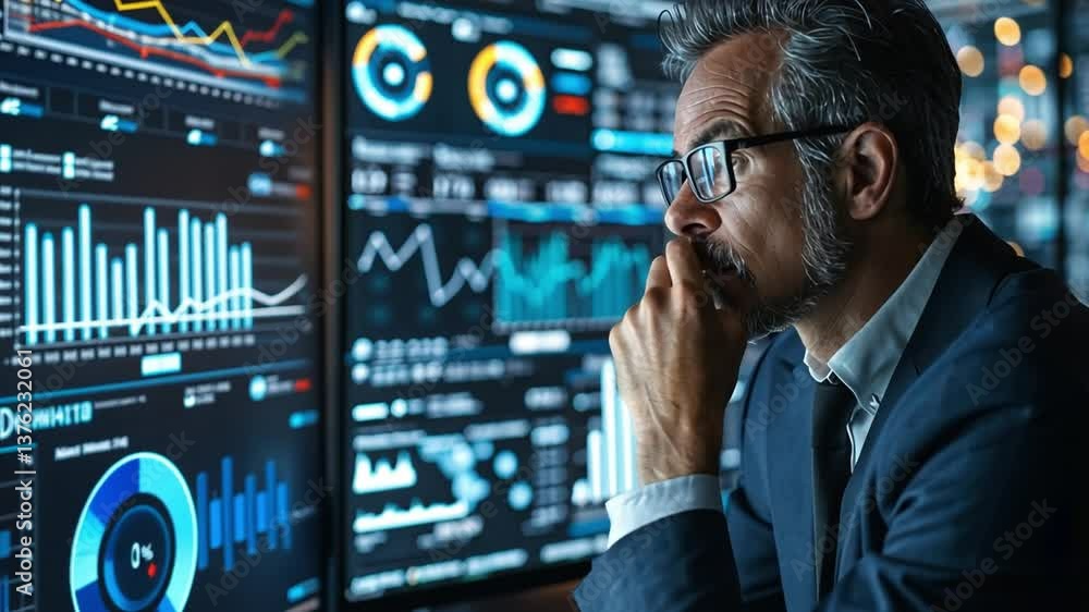 Poster business analyst reviewing complex data metrics and visualizations to enhance decision-making strate