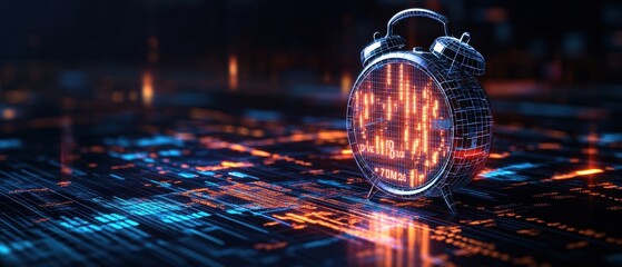 A futuristic wireframe alarm clock with an orange digital display placed on a glowing circuit-board-like surface illuminated in a high-tech environment