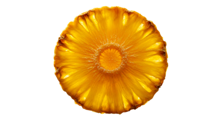 Close up of a single pineapple slice with a black background and bright yellow color in the center