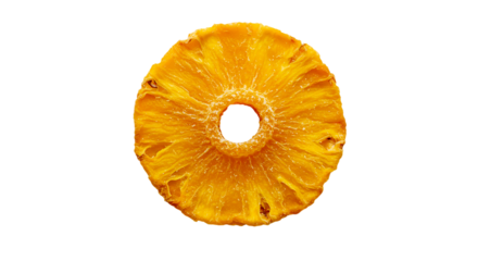 A single slice of pineapple with a hole in the center on a black background in close up view