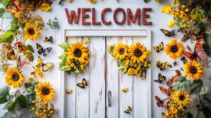 A charming door adorned with vibrant sunflowers and butterflies, inviting visitors with a cheerful "WELCOME" sign above.