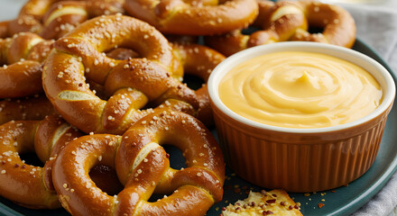 Delicious salted pretzels with creamy beer cheese dip for a savory snack delight
