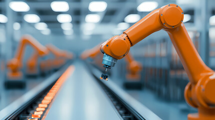A robotic arm is depicted in a factory setting, engaged in automated assembly, showcasing modern industrial technology and efficiency.
