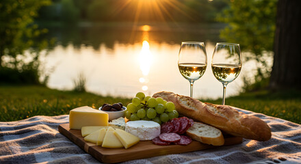Scenic golden hour picnic with wine and charcuterie by the lakeside at sunset