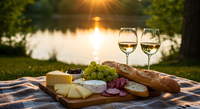 Scenic golden hour picnic with wine and charcuterie by the lakeside at sunset
