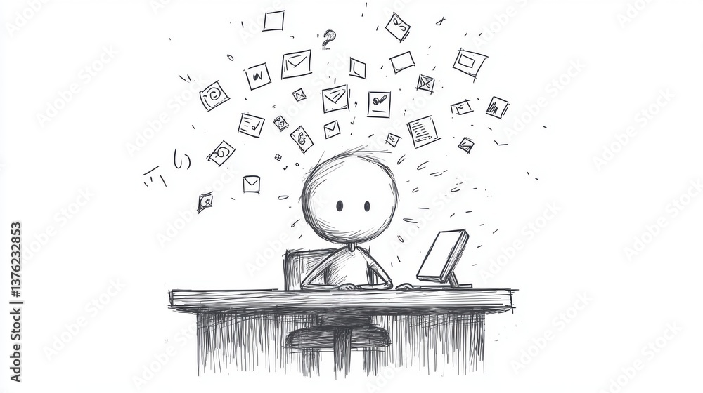 Poster a sketch of a person at a desk, overwhelmed by various digital notifications and messages, illustrat