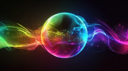 A neon rainbow disco ball glowing with vibrant colors on a black background illustration