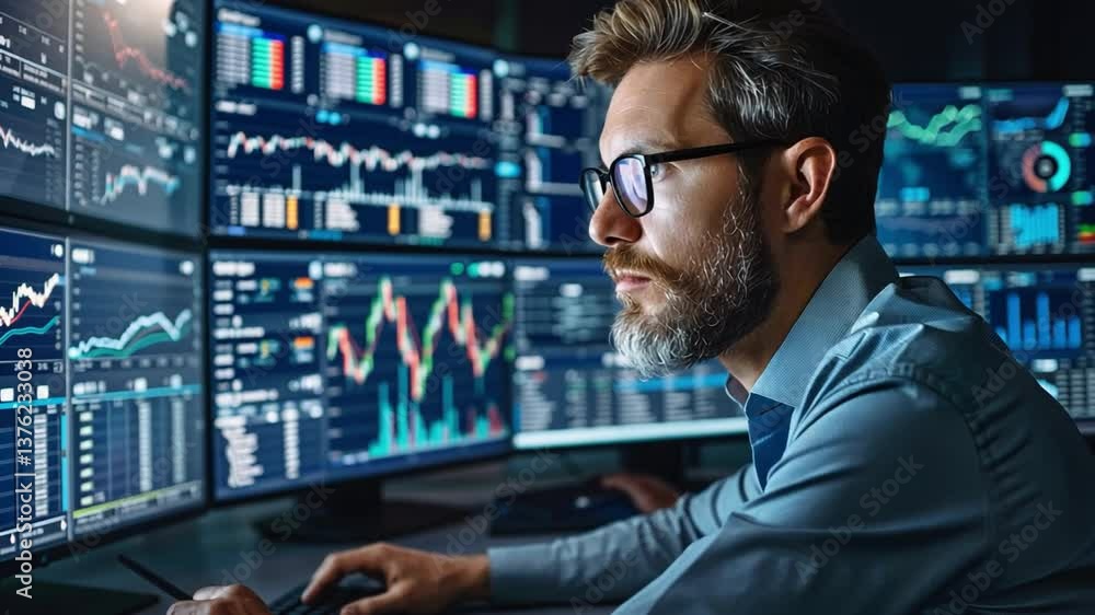 Poster in a modern office, a data analyst focused intently on several screens displaying complex graphs and