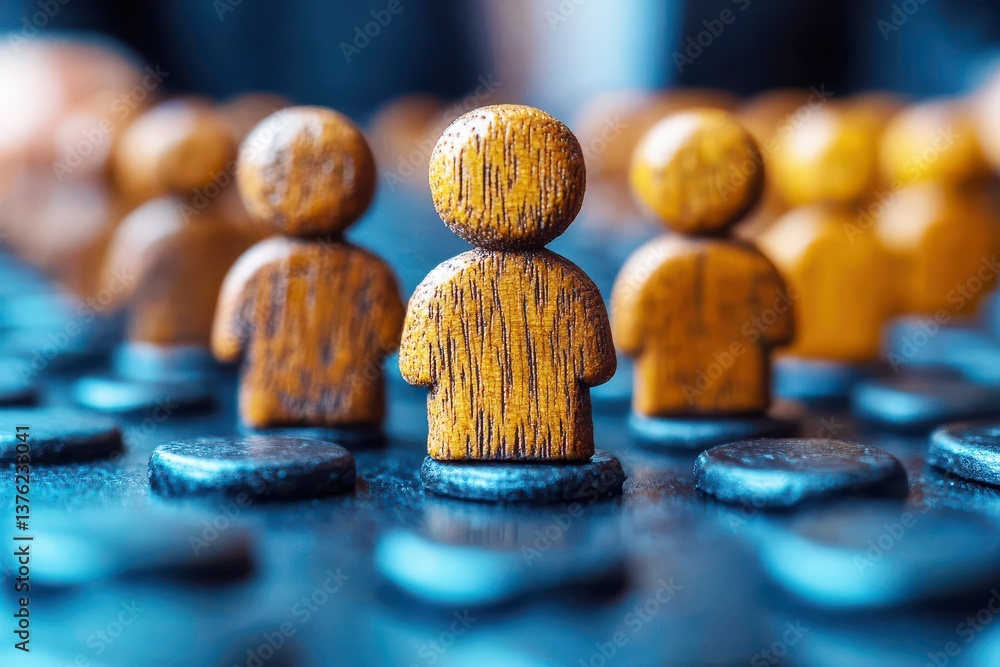 Poster wooden figurines on a table top with black and brown tokens displaying unity and diversity in a team